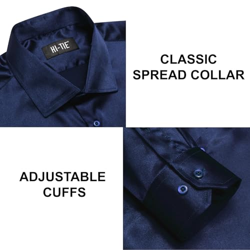 Image of Hi-Tie Men's Silk Satin Dress Shirts Long Sleeve Shiny Casual Button Up Shirts Luxury Party Disco Prom Wedding Shirt
