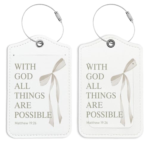 LARTSFRO Coquette Beige Bow Luggage Tags for Suitcases, Cute Luggage Tags for Women, Bible Verses Bow Luggage Tag, Trendy Girly 2 Pack Luggage Tag for Travel, Teen Girls Gifts Suitcase Tags