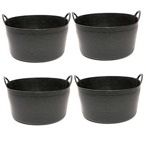 Pack de 4 capazos de plástico Flexible, de Color Negro , de 43 x 21,5 cm con Capacidad de 30 litros, con Asas, Cubo de plástico, Negro