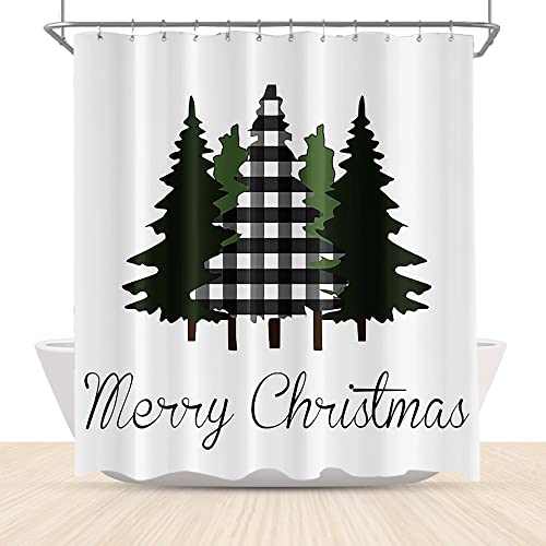 Lfeey Merry Christmas Tree Shower Curtain Farmhouse Buffalo Plaid Green Xmas Pine Trees Winter Holiday Shower Curtain Decorations 72X72 Inch Polyester Fabric #TOP12