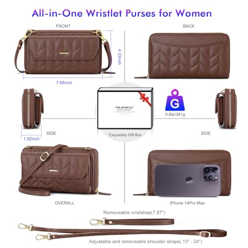 Image of nuoku RFID Blocking Wristlet Wallet for Women, Zip-Around Crossbody Clutch with 2 Removable Straps
