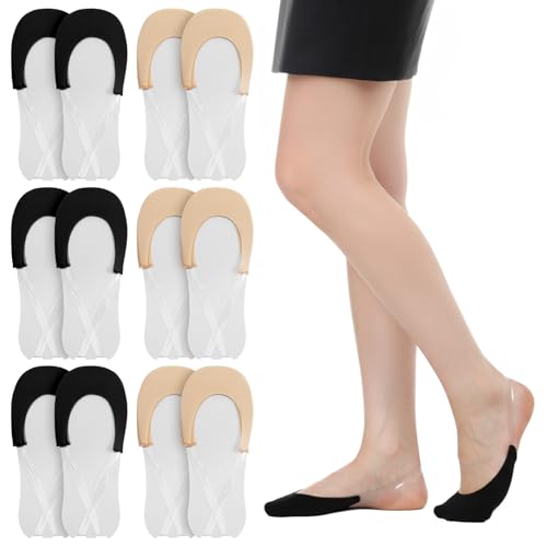 Quilax 6 Pairs No Show Socks, Toe Socks with Invisible Sling Back Women, Low Cut Half Toe Topper Sock with Non-Slip Straps for Heels(Black+Beige)
