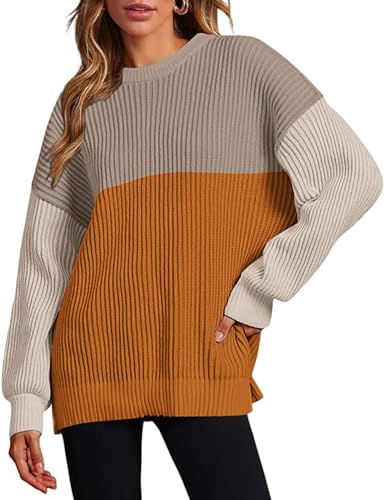 Image of Zeagoo Women 2026 Fall Lightweight Oversized Sweater Crew Neck Long Sleeve Color Block Pullover Rib Knit Blouse Tops XS-2XL