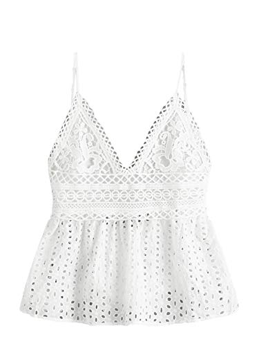 SweatyRocks Women s Sexy Eyelet V Neck Knot Back Camisole Peplum Cami Top # White S