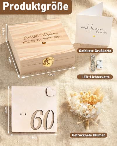 Geldgeschenke Geburtstag 60 us Holz, 60 Geldgeschenk Verpackung Geschenkbox mit LED Lichterkette, Lustig Geschenk zum 60 Geburtstag Frau Mann, Geburtstagsgeschenk für Mutter, Vater, Lebenspartner