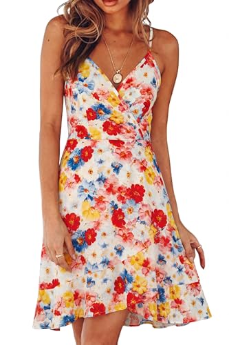 Image of ULTRANICE Womens Summer Dresses Floral V Neck Ruffled Hem Spaghetti Spring Casual Beach Outfits Flowy Wrap Sun Dress