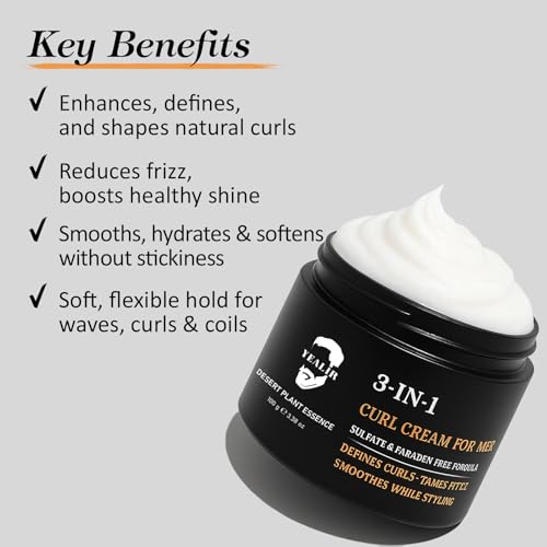 YEALIR 3-in-1 Curl Cream for Men - Defines Curls, Tames Frizz, Adds Smoothness and Texture for Curly and Wavy Hair, Hair Styling Cream with Desert Derived Extracts, Sulfate - Free 3.38 oz
