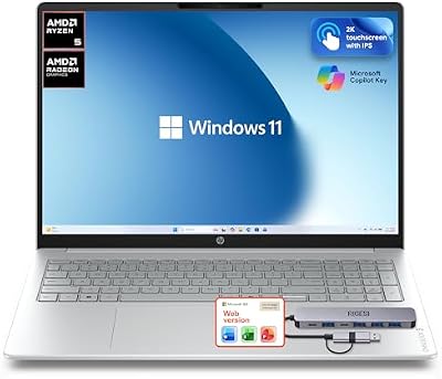 HP OmniBook 3 Flagship 16" 2K Touchscreen Laptop Bundle with Docking Station, AMD Ryzen 5 Processor, 16GB RAM, 512GB PCIe SSD, IPS Display, WiFi 6, AI Copilot, Windows 11, Glacier Silver