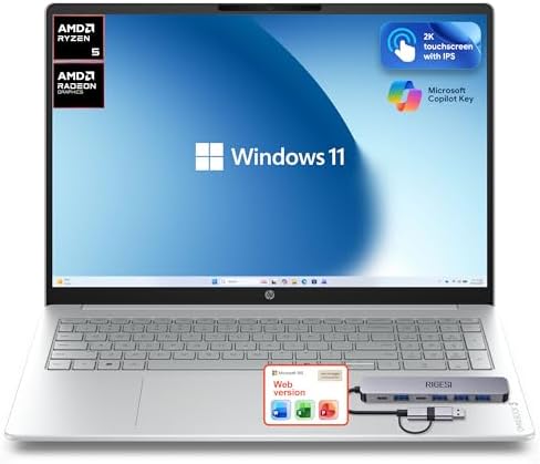HP OmniBook 3 Flagship 16" 2K Touchscreen Laptop Bundle with Docking Station, AMD Ryzen 5 Processor, 16GB RAM, 512GB PCIe SSD, IPS Display, WiFi 6, AI Copilot, Windows 11, Glacier Silver