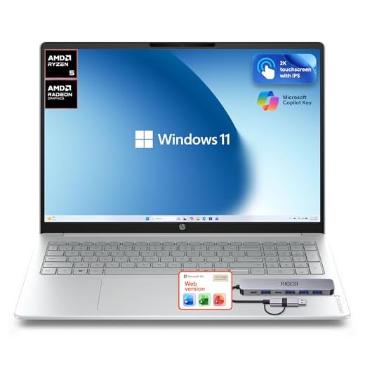 HP OmniBook 3 Flagship 16" 2K Touchscreen Laptop Bundle with Docking Station, AMD Ryzen 5 Processor, 16GB RAM, 512GB PCIe SSD, IPS Display, WiFi 6, AI Copilot, Windows 11, Glacier Silver