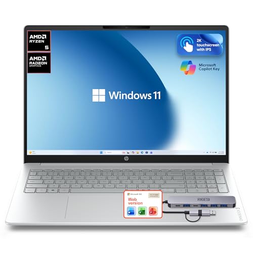 Image of HP OmniBook 3 Flagship 16 inch 2K Touchscreen Laptop Bundle with Docking Station, AMD Ryzen 5 Processor, 16GB RAM, 256GB PCIe SSD, IPS Display, WiFi 6, AI Copilot, Windows 11, Glacier Silver