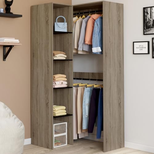Dressing d'angle modulable . 90 / 127 cm MELMAN double penderie + étagères bois et - vue 3