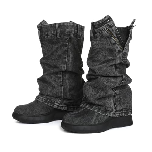 Kalstage Womens Denim Mid Calf Boots Fold Over Slouchy Platform Wedge Booties Vintage Y2k Shark Black Jean Boots
