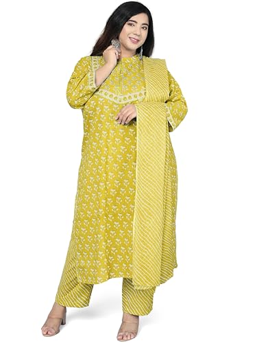 Image of MIRCHI FASHION Pure Cotton Plus Size Straight Kurta Set with Dupatta | 3 Piece Summer Ethnic Kurta Pant Set | Office Wear Salwar Suit for Women