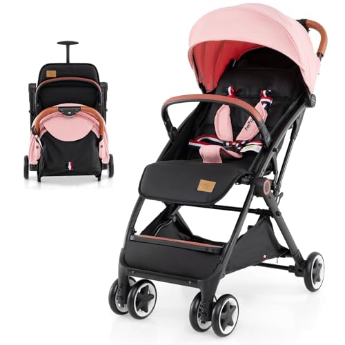 Image of BABY JOY Lightweight Baby Stroller, Compact Toddler Travel Stroller for Airplane with 5-Point Harness, Adjustable Backrest/Footrest/Canopy, Storage Basket, Easy One-Hand Fold (Pink)