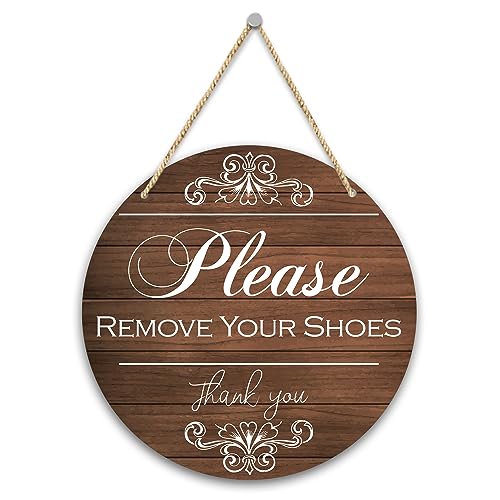 Letrero colgante redondo de madera con texto en inglés 'Please Remove Your Shoes' para decoración del hogar, placa de pared de madera para interiores, adornos colgantes de madera para exteriores