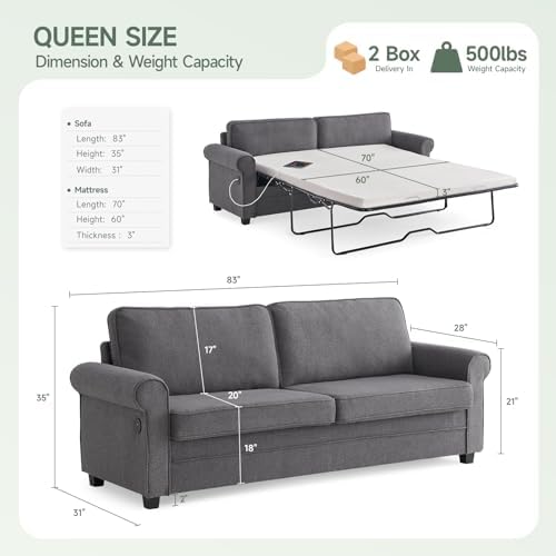 ONBRILL Pull Out Sofa Bed, 2-in-1 Queen Size Sleeper Sofa Couch with Pull Out Mattress with USB Port, Convertible Couch for Small Spaces, 83" Loveseat Sleeper Bed for Living Room, Bedroom,Dark Grey - Thumbnail 4
