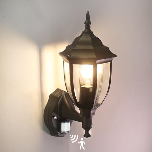 Image of HLFVLITE Motion Sensor Outdoor Light, E27 Aluminum Outside Wall Lantern, Waterproof Max 60W Porch Lamp, Vintage PIR Exterior Light Fixture