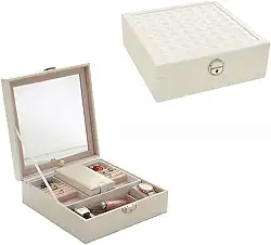 Estojo maleta Para Jóias Grande Misto Triplo Caixa Para Joias Bijuteria Espelho (Creme)