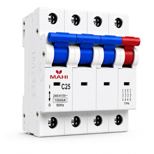 Image of MAHI 25A Four Pole MCB C Curve, Miniature Circuit Breaker with Overload & Short Circuit Protection, 25A Breaking Capacity, Durable Polycarbonate Body for Home & Industrial Use