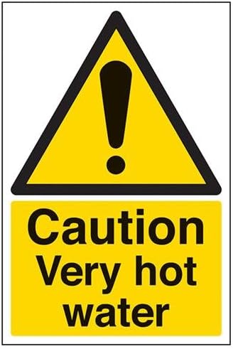 VSafety Caution Very Hot Water Sign - Portrait - 100mm x 150mm - Self Adhesive Vinyl