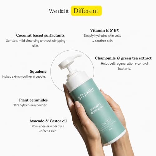 Image of Bitamin Natural Body Wash 400ml | Moisturising Body Cleanser for Men & Women | Vitamin E and Ceramides for Skin Barrier | Vegan, Toxin Free, Brightening Bodywash | Seasalt for Dry Skin.