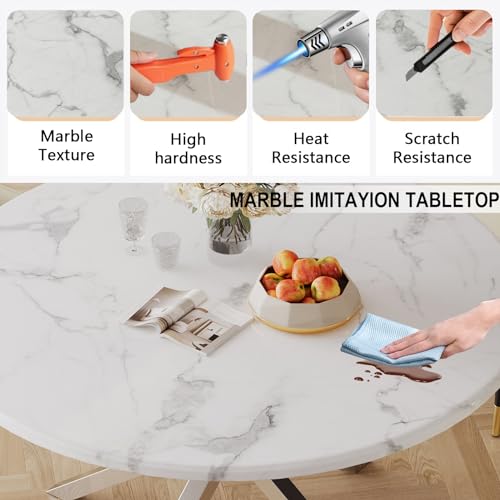 Image of 5-Piece Round Dining Table Set for 4, Modern Faux Marble Kitchen Table and Black Velvet Chairs Set of 4, Luxury 45 inch Circle White Silver Dining Room Tables with Stainless Steel Cross Legs