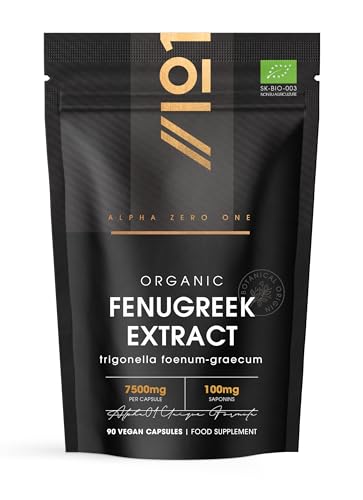 Organic Fenugreek Extract 7500mg - High Strength 20% Saponins (100mg) Supplement - 90 Vegan Capsules (3 Months Supply) - Resealable and Recyclable Pouch - By Alpha01