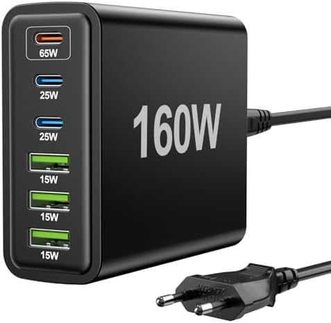 FNITAER 160W USB ladegerät mehrfach, 6 Ports netzteil C, USB C ladegerät, Schnellladegerät 65W, Mehrfachsteckdose mit -C und -A, Adapter für Laptop, Smartphones, ipad und Kopfhörer