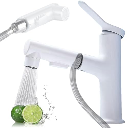 Rubinetto da bagno con estraibile, ad alta pressione con 2 tipi di getto, doccetta estraibile, caldo e freddo, miscelatore per lavabo, miscelatore monocomando (bianco)