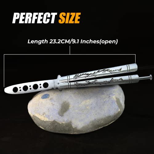 Vornnex Practice Butterfly Knife Trainer With Sure Spring Latch, Full Stainless Steel Black Dragon Dull Balisong Trainer, Unsharpened Butterfly Knives Trainer Comb For Csgo Training(Silver) #TOP6