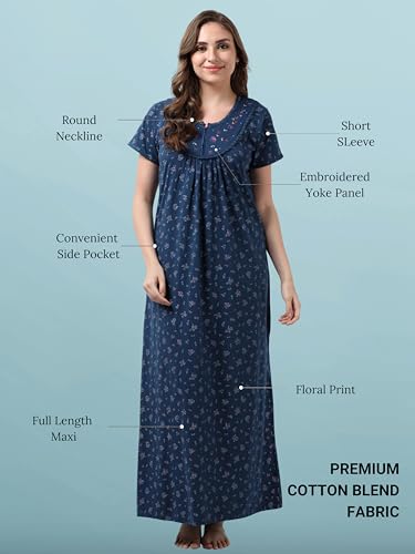 Image of 9shines Label Stylish Cotton Blend Embroidered Maxi Nightdress for Women with Pocket| Full Length Nightwear| Premium Nightdress| Comfortable Nightwear(5256)