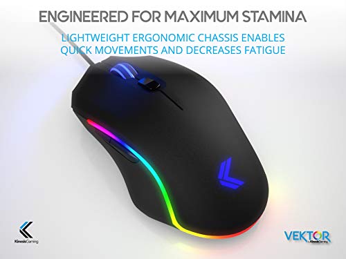 Kinesis Gaming Vektor Rgb Mouse - Wired Adjustable To 5000 Dpi - 6 Programmable Buttons - Dual-Zone Rgb Lighting - Contoured Shape And Rubber Side Grips #TOP4