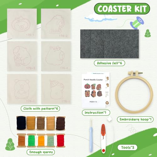 Image of 6pcs Capybara Punch Needle Coasters Kit for Beginners, Easy Art Work Embroidery Kit Latch Hook Kits for Adults, DIY Rug tufting kit with Adhesive Felt Yarns Hoop Instruction