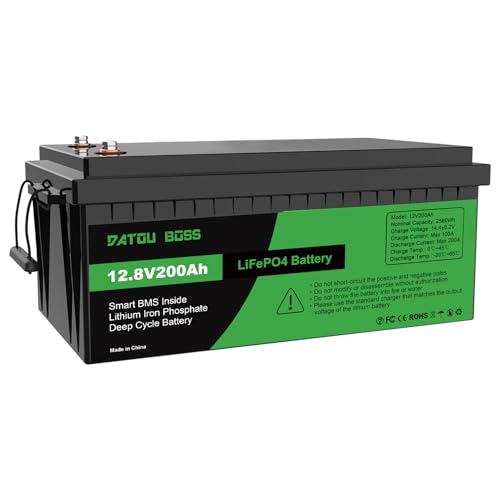 DATOUBOSS Batería de Litio LiFePO4 de 12V 200Ah, BMS Integrado de 200A, hasta 15 000 Ciclos Profundos, Salida Máxima de 2560Wh, Compatible con Conexión en Serie/Paralelo, para Camper, Sistema Solar DATOUBOSS Batería de Litio LiFePO4 de 12V 200Ah, BMS Integrado de 200A, hasta 15 000 Ciclos Profundos, Salida Máxima de 2560Wh, Compatible con Conexión en Serie/Paralelo, para Camper, Sistema Solar