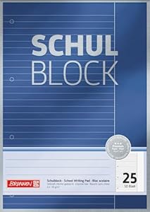 Brunnen 1052625 Schulblock/Notizblock Premium (A4, 50 Blatt, liniert, mit Rand, Lineatur 25, gelocht, kopfverleimt, 90g/m²)