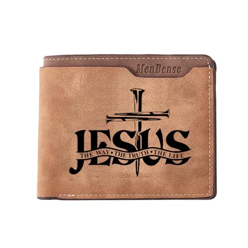 Kasutoo Men's PU Wallet Multiple Card Slots, Id Window with Laser Engraving Pattern (Jesus the Way, the Truth, the Life)