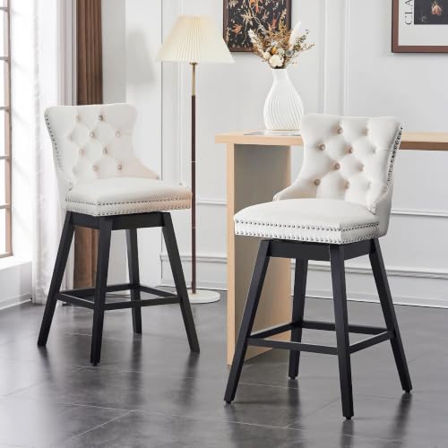 Image of Beige Swivel Bar Stools, Velvet Counter Height Bar Stools Set of 6 | 360 Swivel Bar Chairs, Solid Wood Legs, Upholstered Kitchen Island Stools, Modern Extra Wide Seat (Beige, 30 inch H, 6 Pack)