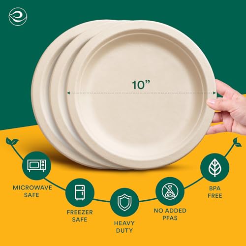 ECO SOUL Paper Plates (25Cm) 10" [200-Pack] Heavy Duty Compostable Sugarcane Bagasse Dinner Plates | Eco Friendly Biodegradable Disposable Plate for Dinner, Parties & Events