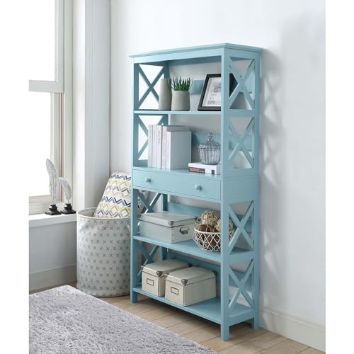 Art Nouveau Bookcase - Modern Shelving for Home & Office Decor Sea Foam Blue/5 Tier with Drawer