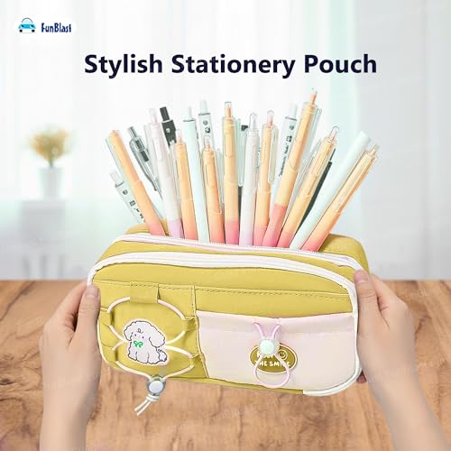 Image of FunBlast Pencil Pouch for Girls - Aesthetic Multi-Compartment Zipper Pouch with Drawstring Pocket, Cute Kawaii Pencil Case, Stylish Stationery Pouch, Return Gift for Kids & School Use (Yellow2)
