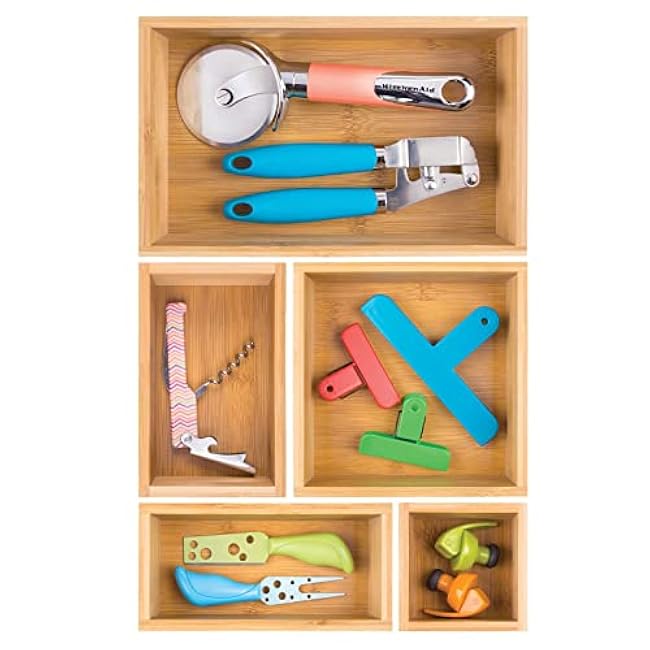 mDesign Bamboo Wood Kitchen Cabinet Drawer Organizer Tray Bins - Multipurpose - Use in Drawers, on Countertops, Shelves or in Pantry - Varied Sizes - Echo Collection - Set of 5 - Natural