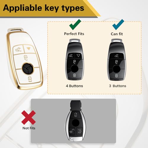 Image of for Mercedes Key Fob Cover with Metal Braided Rope Keychain, Upgraded Soft Case for Benz GLC GLE GLA GLB GLS AMG A C E G S Class (4 Buttons) Shell (Gold Edge, B2)