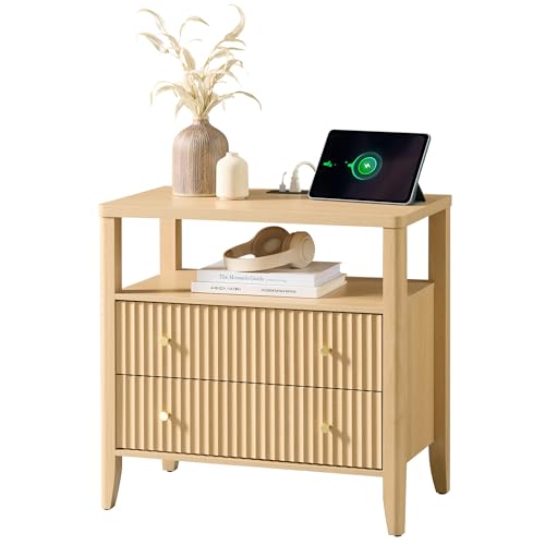 Image of Fluted Nightstand with Charging Station Set of 2, 27.3 inch Wide Modern Bedside Table with 2 Drawers & Open Shelf, Large Wood End Table with Storage & Metal Handle for Bedroom, Natural Wood
