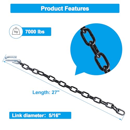 Image of 5 /16 inch x 27 inch Trailer Safety Chain with 3 /8 inch S-Hooks, Grade 30 Heavy Duty Steel, 7,000 lbs Capacity, Black Finish, Rust Resistant Tow Chain for RV, Boat, Utility Trailer with Chain Hanger