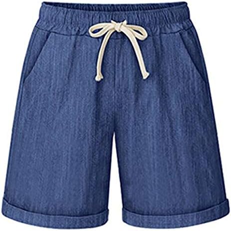 HOW'ON Women's Elastic Waist Casual Comfy Cotton Beach Shorts with Drawstring Denim Blue XL
