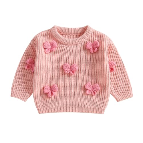 Image of Toddler Baby Girl Sweater Bow Embroidery Warm Knitted Long Sleeves Pullover Infant Sweatshirt for Fall Winter (Pink-3D Bow, 6-12 Months)