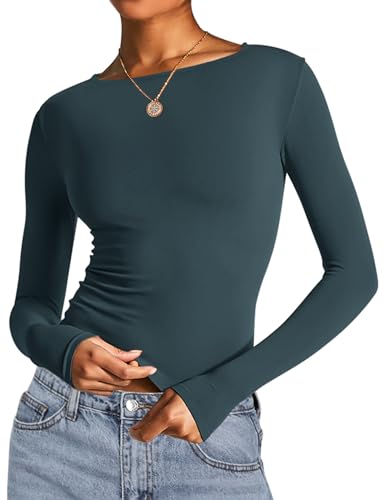 Image of AKEWEI Long Sleeve Crop Tops for Women 2 Pack Fall Going Out Outfits Cute Tight Basic Tees Shirt