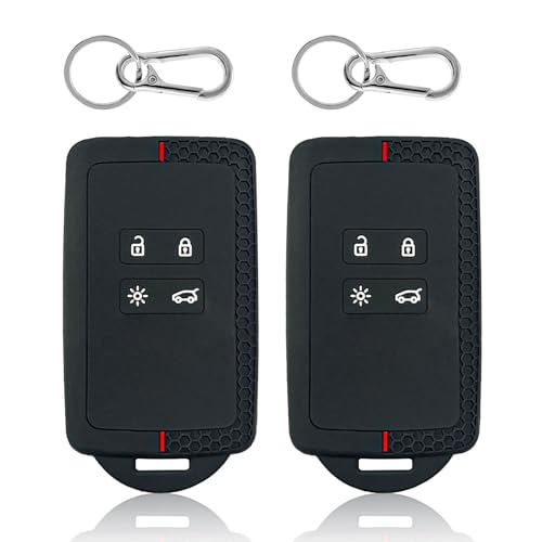 2 Pcs Car Key Cover for Renault, TPU Silicone Car Key Cover Case with Keychain, 4 Button Design Key Fob Holder Compatible with Captur Megane Koleos Twingo Kangoo Talisman Dacia Espace(Black Red)
