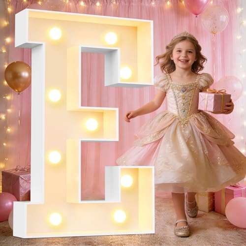 Pooqla 3FT Marquee Light Up Letters, Big LED Letters Mosaic Marquee Birthday Decor, 3 Feet Tall Giant Letter Sign for Balloons Anniversary Wedding Party Decoration, Warm White Letter E